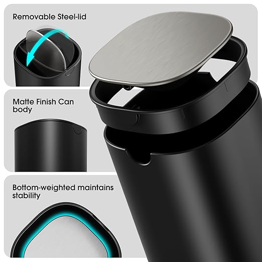 CEROELDA Mini Desk Trash Can with Swing-Top Lid, 0.4 Gallon Small Round Wastebasket, Black, for Office, Home, Car (Black)