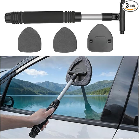 HZEL Car Windshield Cleaner Tool with Extendable Handle, Vehicle Glass Wiper Window Cleaning Tool with 2 Reusable Microfiber Pad, Auto Windscreen Detailing Cleaner Kit, Universal Fit (Triangle Gray)