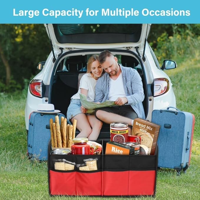 Simple Deluxe Car Trunk Organizer, 2 Compartments Collapsible Trunk Storage, Anti-slip Design, Made of Waterproof 600D Oxford Polyester, Suitable for SUV, Minivan, Standard Size, Red, 2 Pack