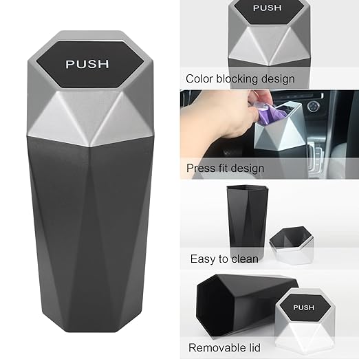 Car Trash Can Bin,Small Garbage Can with Lid,Automotive Cup Holder Mini Cars Trashcan,Portable Cars Door Trash Cans,Car Essentials Gadgets Dustbin (1Pcs, Silver)