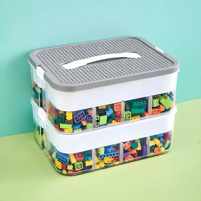Toys Organizer Storage Case for Lego Box Kids Toy Stackable Building Blocks with Lids Bins Adjustable Lego Storage Containers Plastic Toy Box Grey 2 Layers