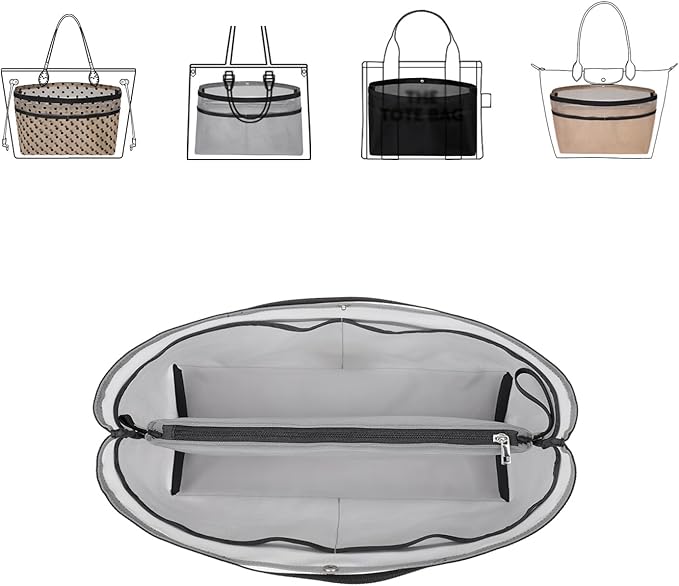 ZTUJO Purse Organizer Insert For Handbags,Mesh Bag Organizer Insert With Zipper Bag Tote Shaper Fit Speedy Neverful PM MM le Pliage,Light Weight (Grey, Large)