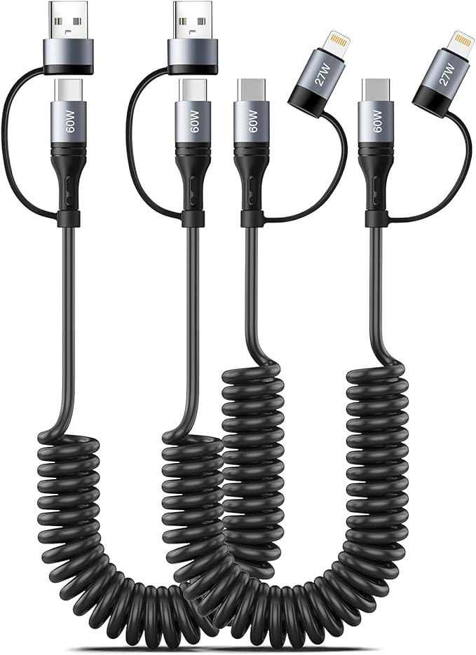 Coiled Lightning Cable [2Pack 4FT] 4 in 1 Multi Charging Cable 60W Fast Charging Retractable Charger Cord for iPhone 17/16/15/14/13/12/11 Pro Max/XS MAX/XR/XS/X/8/7/6 Plus/iPad/AirPods/MacBook/CarPlay
