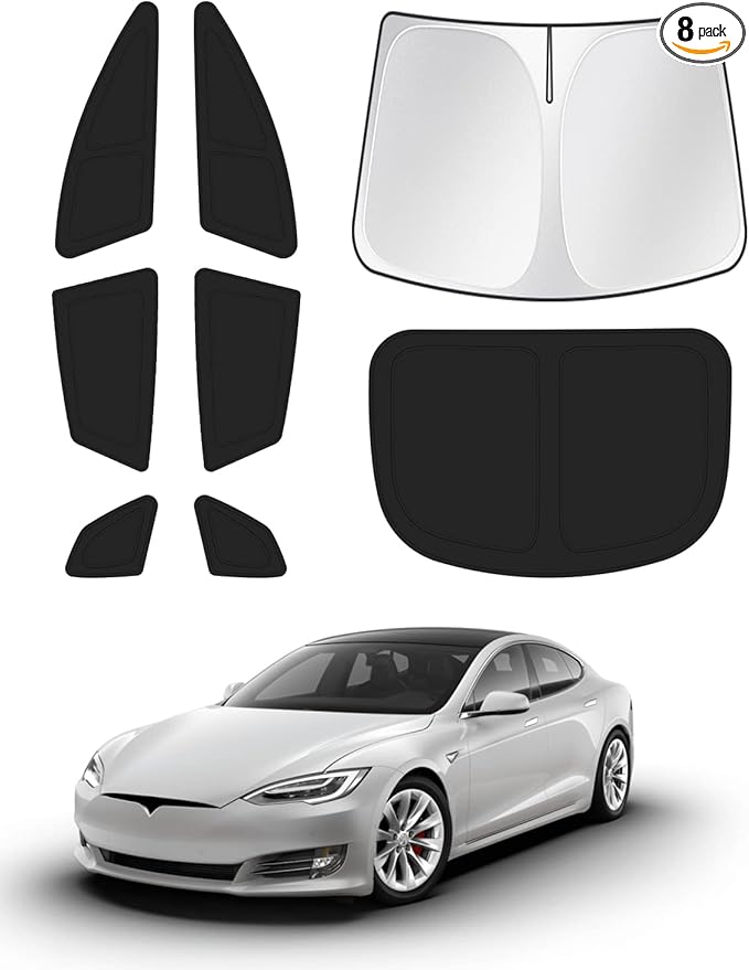 Canvcle Windshield Sun Shade for 2021-2025 2026 Tesla Model S Plaid Sunshade (NOT for Model S) Accessories Side Rear Window Shade Cover Sun Visor Shield Privacy Protection Keep Vehicle Cool Black 8PCS