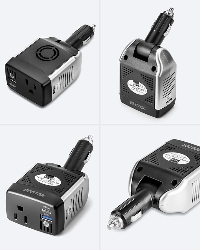 BESTEK 150W Power Inverter, DC 12V to AC 110V Voltage Converter PD 30W QC 18W Dual Charging Ports, Car Charger Power Adapter with Rotatable Plug & Safety Protection for Road Trip, Camping, Laptop