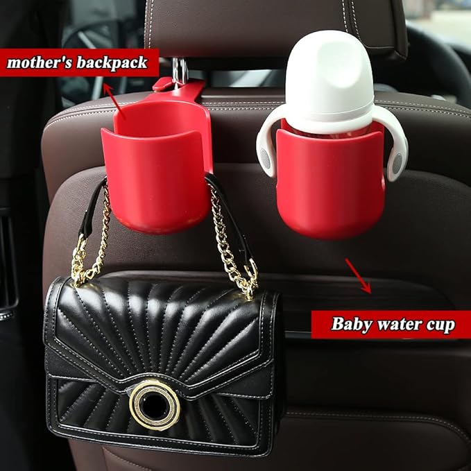 Car Seat Headrest Hook Organizer with Cup Holder - Universal Vehicle Storage Hanger for Handbags, Groceries, Backseat Organizer, Car Accessories Fit All Cars (Red)