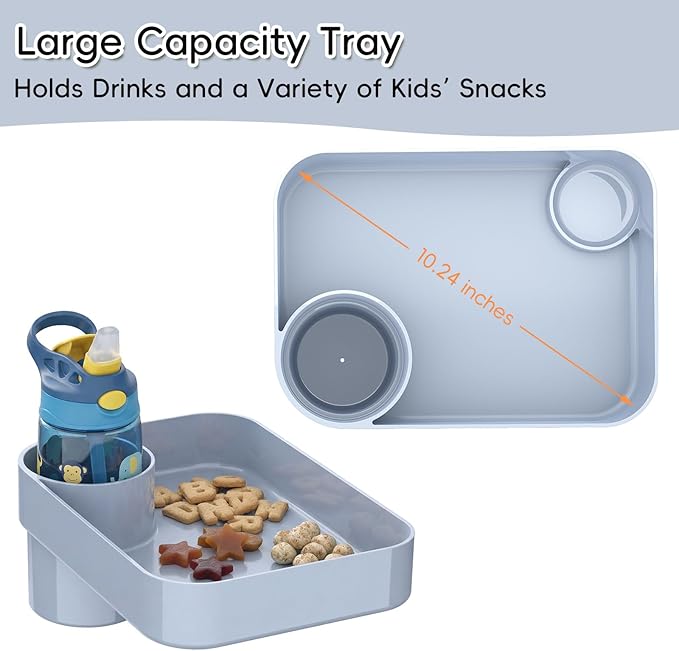 Kids Car Seat Tray, Travel Tray with Cup Holder for Toddler Baby, Kids Car Seat Food Snack Organizer for Road Trip, Stroller Snack Organizer Travel Must Haves Toddler Must Haves (Light Gray, 1 Pack)