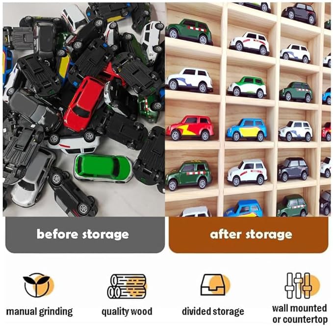 Wood Toy Car Display Rack, Holds 42 Diecast Cars Model Car Display Case 1/64 Scale Toy Cars Organizer Freestanding or Wall-Mounted Toy Car Storage Cabinet