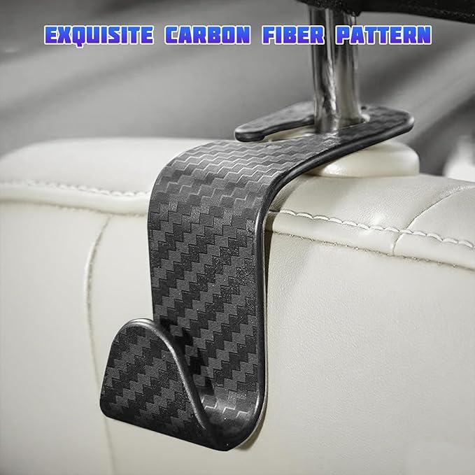 Car Seat Headrest Hooks, 4PCS Carbon Fiber Vehicle Back Seat Storage Hanger Holder for Hangbag Coat Grocery, Automotive Interior Headrest Hook Organizer, Universal for Vehicles (Black)