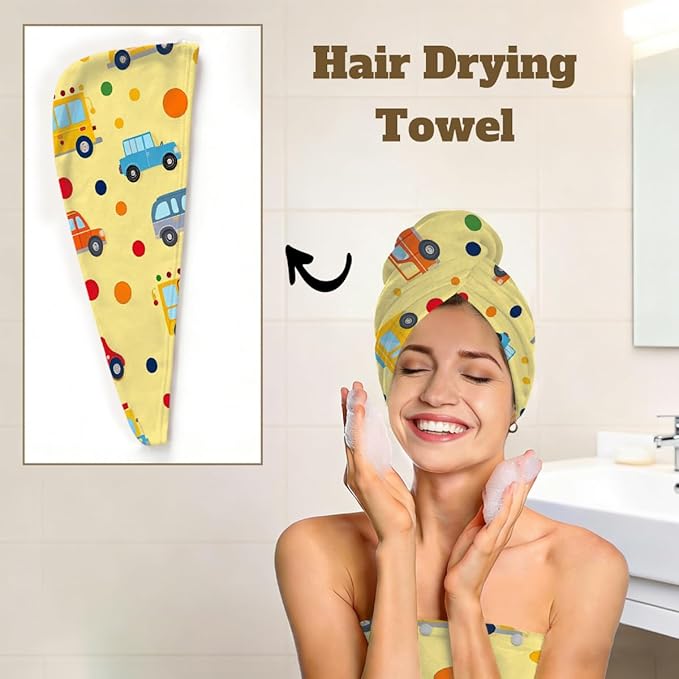 Women Bath Wrap Hair Towel Drying Cap Set Cartoon Cars Bus Pattern Soft Absorbent Bathrobe Shower Wraps with Adjustable Closure Spa Bath Robe