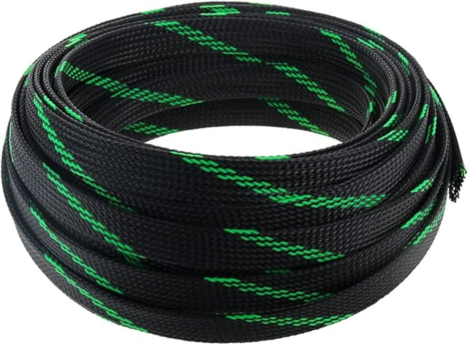 Aicosineg Black and Fluorescent Green PET Braided Sleeving 32.81 Ft Length 0.47 Inch Flat Width Cable Sleeve for Protect Cable 1Pcs
