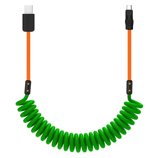 chubbycable Curly Chubby 120W Coiled USB C Cable Retractable Fast Charging Cable for Car Charger Cord Compatible with iPhone 17-15 Series, Green+Orange, USB-A to Type-C, 2.29FT-3.6FT