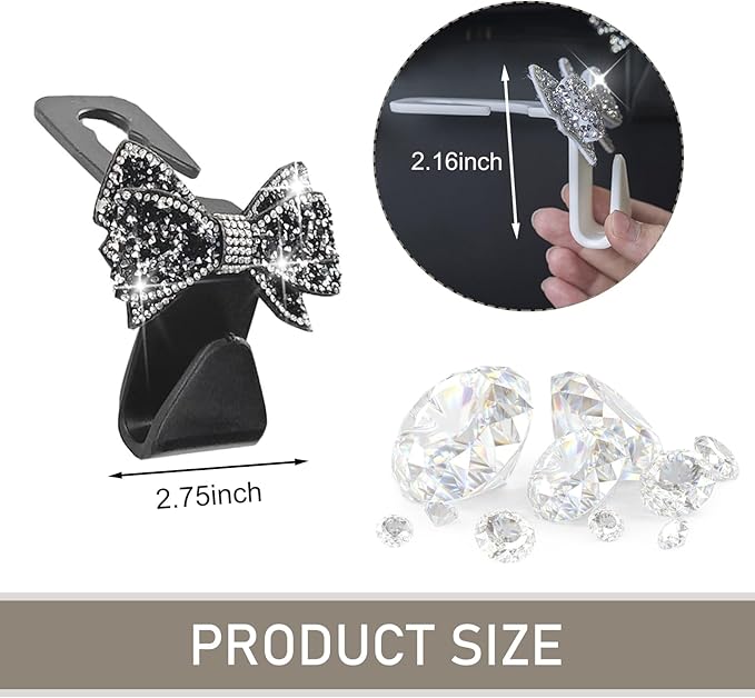 2 PCS Bling Car Seat Headrest Hooks, S Type Crystal Rhinestone Bow Vehicle Seat Back Storage Hooks for Purses Bags Groceries, Universal Diamond Car Rear Seat Organizer (Black)
