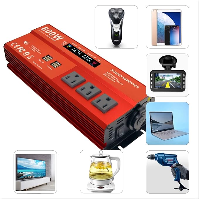 800W Peak 1600W Power inverters for Vehicles,Peak 1600 watt, Car 12V DC to 110V AC Converter 4x2.4A USB Ports Car Charger with 1 Cigarette Lighter Ports,LCD Digital Display