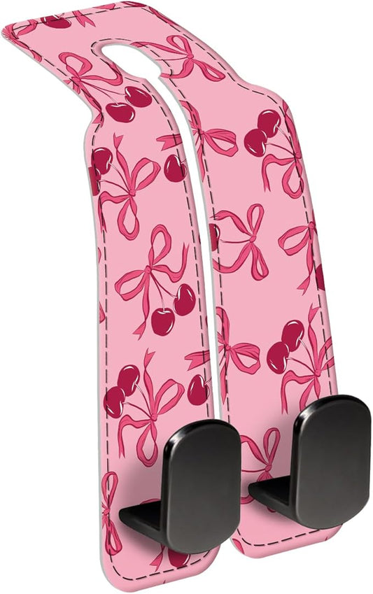 Car Seat Back Storage Headrest Hook, Premium Leather Double Metal Hook, Hanger Storage Organizer for Purse Cloth Bag, Car Interior Accessories Pink Bow Cherry