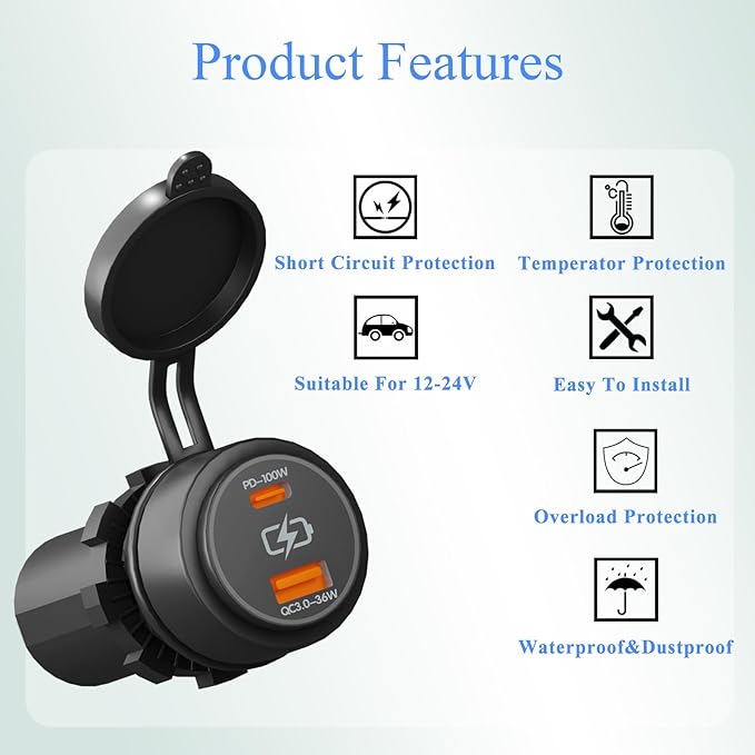 100W Dual USB Car Charger Socket PD100W QC3.0 Fast Charging Type C & Type A Ports 12V/24V Compatible for Cars Trucks RVs Boats Marine (PD100W QC3.0)