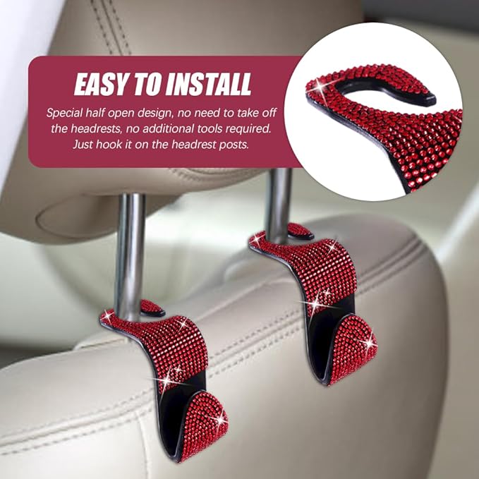 deemars 2 Pack Car Seat Headrest Hooks, Bling Car Organizer Hanger Storage Hooks for Bags, Clothes, Coats, Grocery Bags (Red)