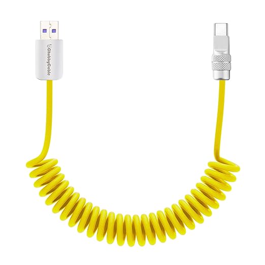 chubbycable Curly Chubby 120W Coiled USB C Fast Charging Cable Durable Braided Charger Cord for Car Compatible with iPhone 17-15 Series iPad, Yellow, USB-A to Type-C, 2.13FT-6.56FT