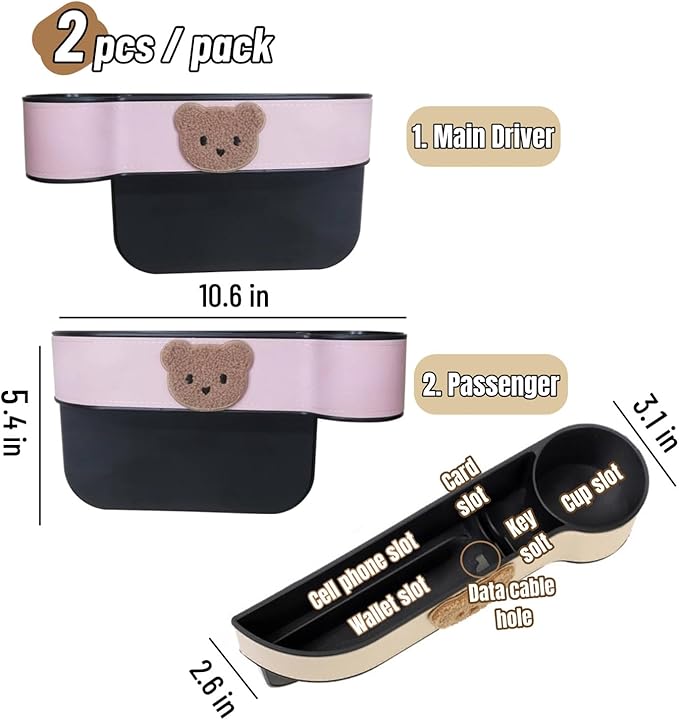 2 Pack Leather Cup Holder for Car Seat Gap Organizer Cute Bear Multifunctional Car Seat Storage Box for Mug Phone Keys Pink
