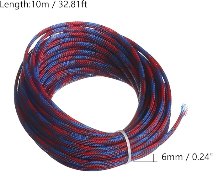 Aicosineg 32.81ft PET Flexible Braided Cable Sleeve 0.25inch Width Wire Loom Sleeving and Organizer Flexible Wire Mesh Sleeve Wrap Protector for TV Audio PC Cords from Pets Chewing Blue and Red