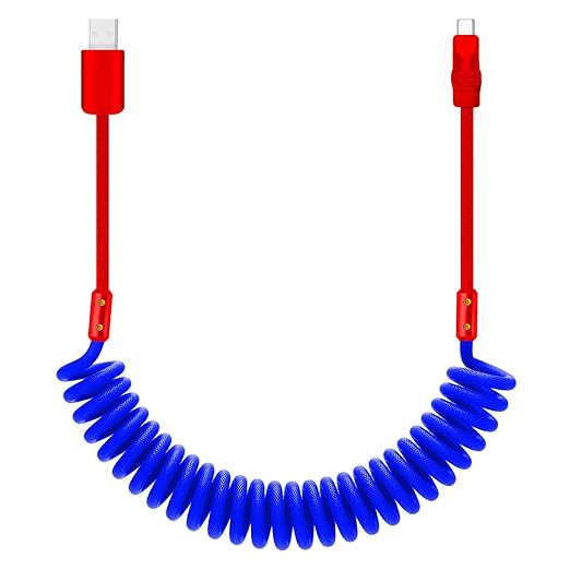 chubbycable Curly Chubby 120W Coiled USB C Cable Retractable Fast Charging Cable for Car Charger Cord Compatible with iPhone 17-15 Series, Blue+Red, USB-A to Type-C, 2.29FT-3.6FT