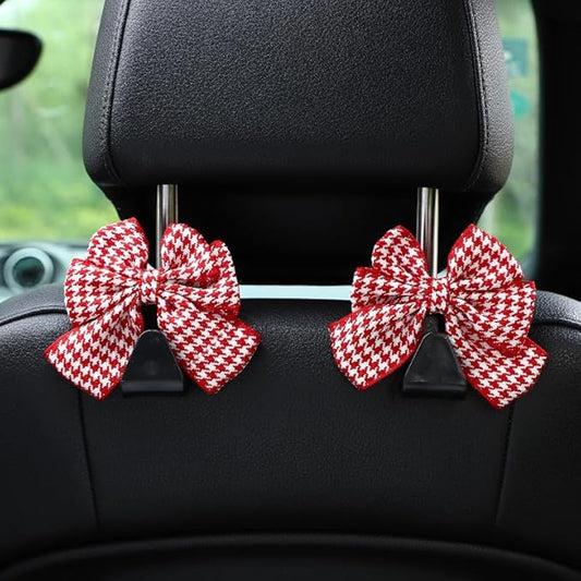 2-Pack Car Purse Hooks for Hanging Purses and Bags, Cute Bow car seat headrest Hooks for Hanging car Purse Hooks. (Houndstooth red)