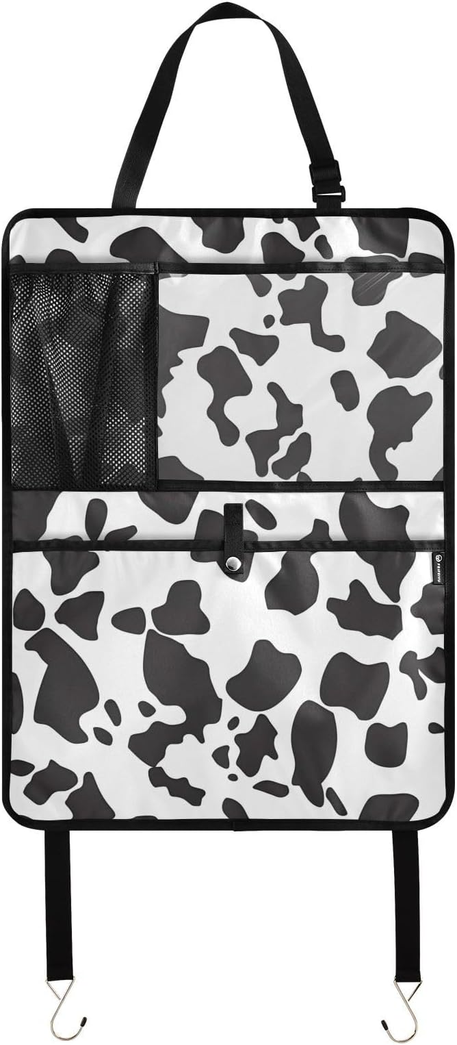 JIPONI Car Backseat Organizer, Cow Print 3 Automotive Back Seat Protector, Kick Mats with Storage Pockets for Kids Pets, Road Trip Accessories