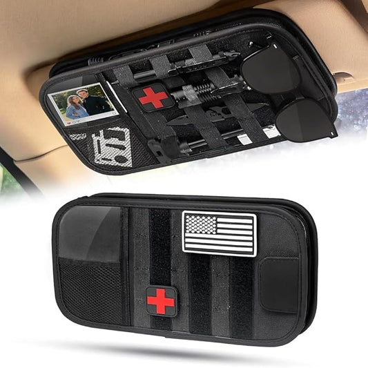Molle Car Sun Visor Organizer - Tactical Storage Panel with 180° Zipper Pouch & Magnetic Glasses Clip & Photo Holder & Semi-Rigid Molle Panel for Military Gear (1, Black)