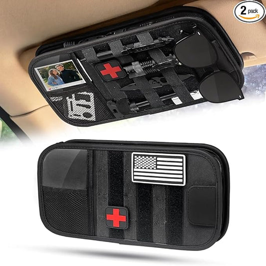 Molle Car Sun Visor Organizer - Tactical Storage Panel with 180° Zipper Pouch & Magnetic Glasses Clip & Photo Holder & Semi-Rigid Molle Panel for Military Gear (2, Black)