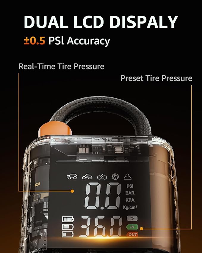 Tire Inflator Portable Air Compressor Cordless Mini Bike Pump with Digital Dual Values Display, 150 PSI Car Tires Air Pump with LED Lights&Pressure Gauge for Auto, Motorcycles, Bikes, Balls