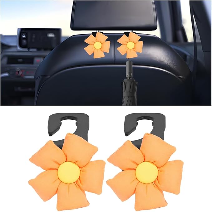 Car Seat Headrest Hooks, 2PCS Cute Flower Vehicle Seat Back Organizer Holder for Purses Bags Grocery, Automotive Interior Storage Hanger Decoration Accessories, Universal Fit (Black/Yellow)