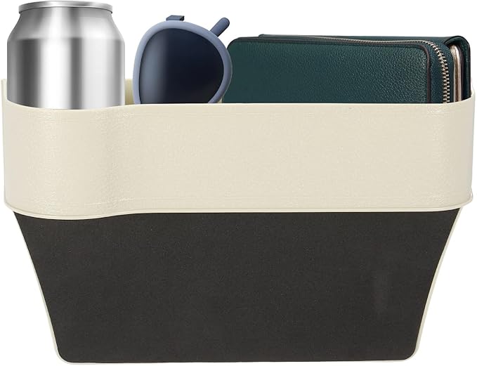 HARFINGTON Car Seat Gap Filler Organizer 10.2 x 6.5 x 2.4 Inch ABS Universal Car Organizer Storage Box Between Seat and Console (Left) with Cup Holders for Phone Sunglasses Keys, Beige
