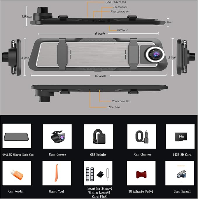 Mirror Dash Cam 4K Front and 2.5K Rear, IMX415 Rearview Mirror Camera for Cars, 5.8GHz WiFi, WDR, G-Sensor, Night Vision, Reverse Assist, Included 64GB Card
