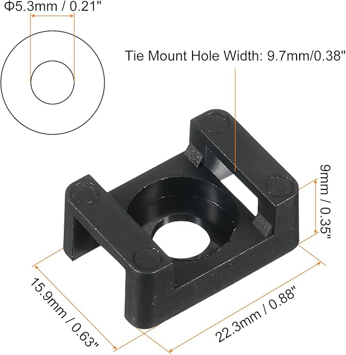 MECCANIXITY 500pcs Cable Tie Base Saddle Type Mount Wire Holder, 0.88"x0.63"x0.35" Wire Clips Organizer Holders Clamps for Electronic Wires, Black 0.21"Dia