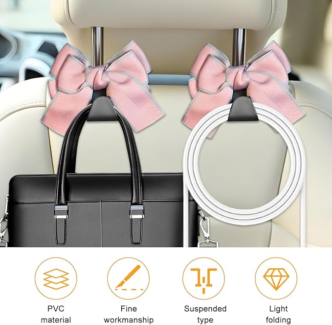 Cute Bow Car Seat Headrest Hooks, 2PCS Multifunctional Vehicle Rear Seat Hanging Hooks, Automotive Interior Seatback Storage Organizer for Purses Bag, Universal for SUV Sedan Truck (Pink Line)