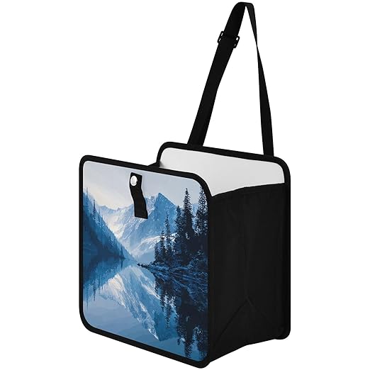 Car Trash Can Organizer Bin with Adjustable Strap for Back Front Seat Console Waterproof Leakproof Collapsible Portable 8.66 Inch Winter Blue Mountain and Mirrored Lake