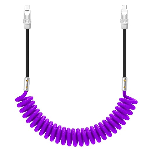 chubbycable Curly Chubby 240W Coiled USB C Cable Retractable Fast Charging Cable for Car Charger Cord Compatible with iPhone 17-15 Series, Purple and Black, Type-C to Type-C, 2.29FT-3.6FT