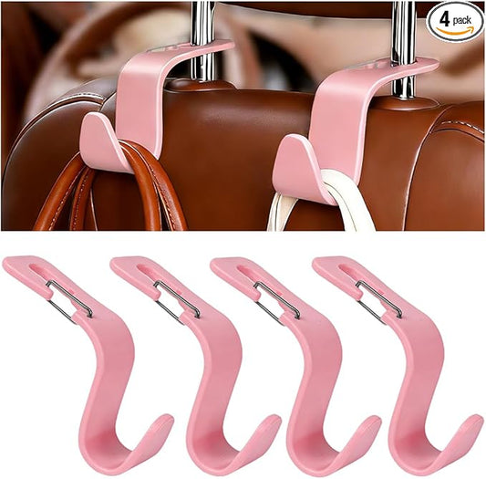 4PCS Car Seat Headrest Hook, Multifunctional Vehicle Seat Back Hanger Holder for Purse Handbag Umbrella, Automotive Interior Backseat Storage Organizer, Universal for SUV Van Truck (Pink)