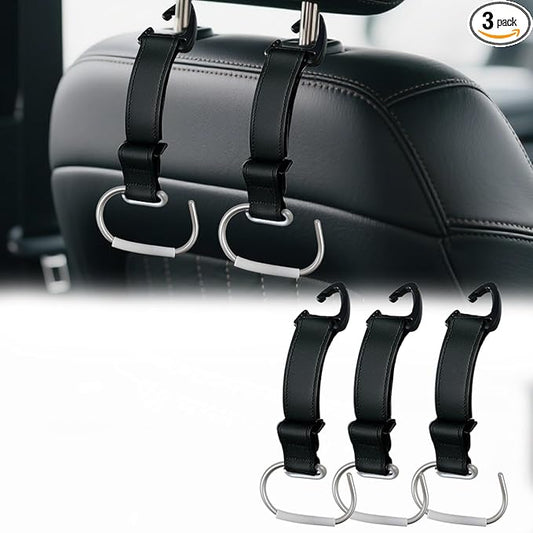 3Pcs Car Purse Hooks, Adjustable Leather Headrest Hooks for Car, Seat Back Organizer for Bags Purses (Black)