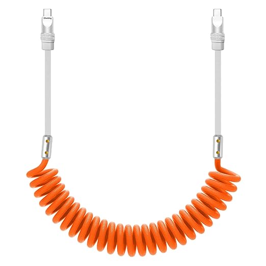 chubbycable Curly Chubby 240W Coiled USB C Cable Retractable Fast Charging Cable for Car Charger Cord Compatible with iPhone 17-15 Series, Orange and Gray, Type-C to Type-C, 2.29FT-3.6FT