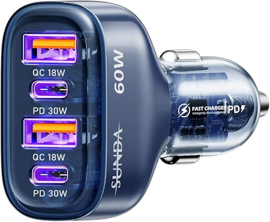 SUNDA 60W USB C Fast Car Charger, 4-Ports Car Charger Adapter, Dual Type C PD30W/PPS30W Compatible with iPhone17/16 Pro/Max/iPhone15/Galaxy/SamsungS25, Dual USB-A 18W QC3.0 for Android(Blue)