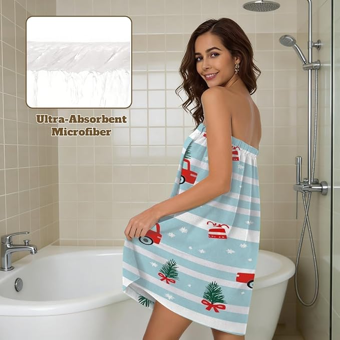 Towel Wrap for Women, Wearable Towel Dress Spa bathrobe with Adjustable Closure(Christmas Car Cartoon Stripes)
