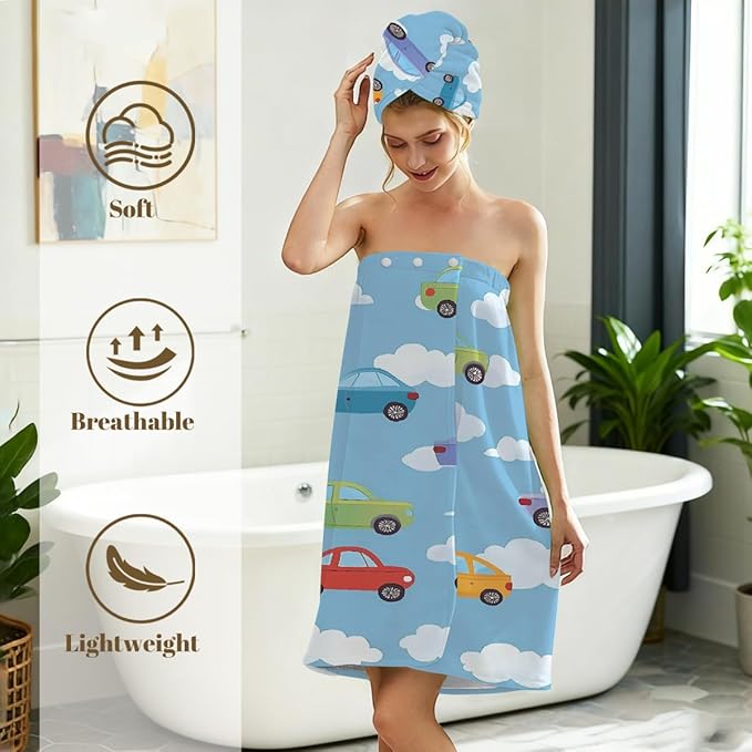 Women Bath Wrap Hair Towel Drying Cap Set Colorful Adorable Cars Clauds Soft Absorbent Bathrobe Shower Wraps with Adjustable Closure Spa Bath Robe