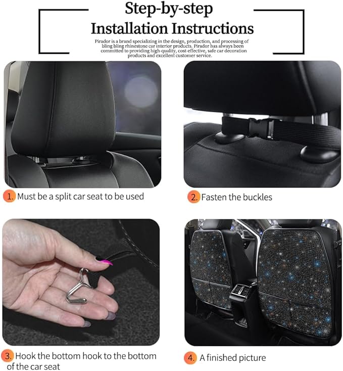 Diamond Bling Car Seat Kick Mats with Storage – Back Seat Protectors with Sparkly Rhinestones for Girls & Women, Crystal Kick Covers for Automotive Interior Accessories Black 2pcs