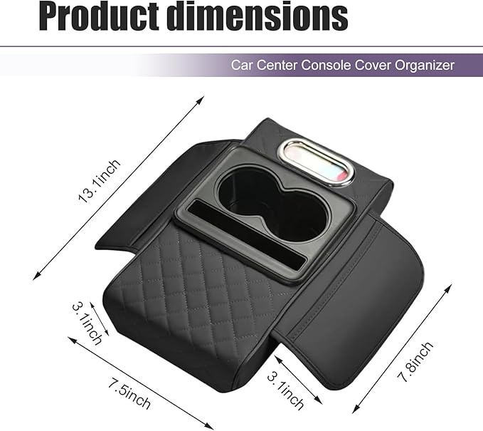 Car Center Console Cover Organizer, Multifunctional Storage Box with Cup Holders & Tissue Box & Phone Slot, Highly Elastic Comfort Arm Rest Cushion for Cars (Black)