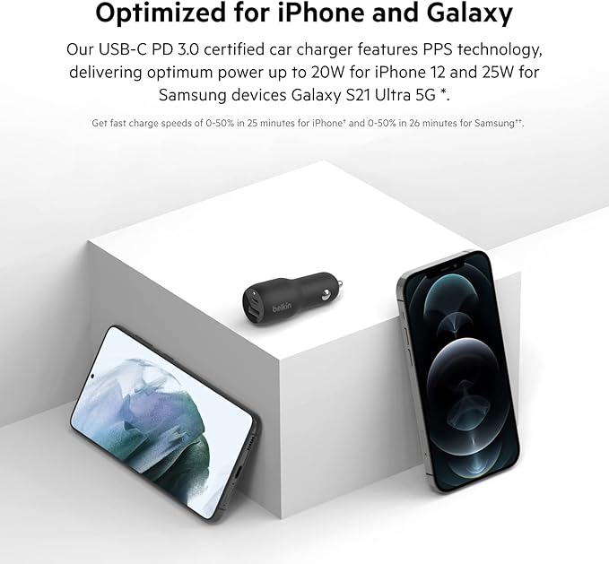 Belkin 37W Dual Port Fast Car Charger with 3.3ft USB-C Cable Included, USB-C 25W PPS Port and USB-A 12W Port for Galaxy S23, S23+, Ultra, Note20, iPhone 14, 13, 12, 11, Pro, Max, Mini and More
