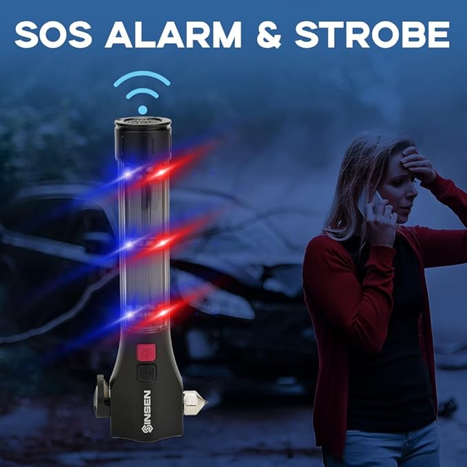 SINSEN Car Safety Hammer Flashlight, Tactical Emergency Rescue Tool, LED High Lumens Rechargeable Solar Powered Escape Kit, Window Glass Breaker and Seatbelt Cutter, Self Defense Multi-Function Torch