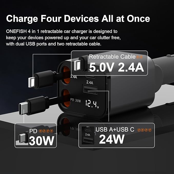 OneFish Starlight Fast Car Charger, 4 in 1 Cigarette Lighter Chargers with USB Type C Ports Retractable Cord Display, for iPhone 17 16 15 14 Pro Max Plus/iPad, Car Truck Essentials Gift for Women Men