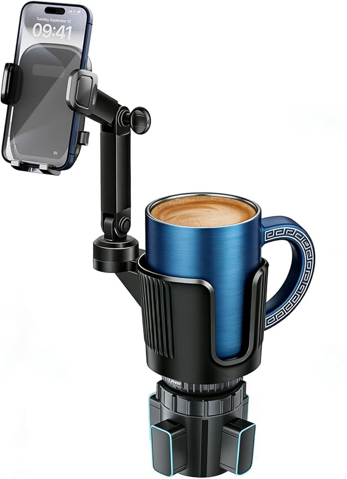 Cup Phone Holder for Car Cup Holder with Expandable Base, Detachable Dual Cellphone Holder Cupholder Car Mount with Long Arm Universal Fit iPhone and Large Bottle, for Truck SUV