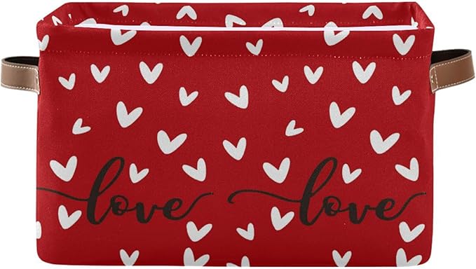 Red White Black Love Heart Storage Basket Fabric Kitchen Baskets Happy Valentine's Mother's Day Open Home Storage Bins Boxes Foldable Organizer Bag Cloth Toy Book Shelf Closet Baskets 16×12×8 Inches
